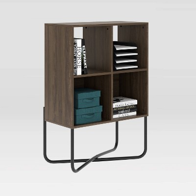 Modern Symmetrical 2-Tier Walnut Bookcase with Steel Cross-Legs