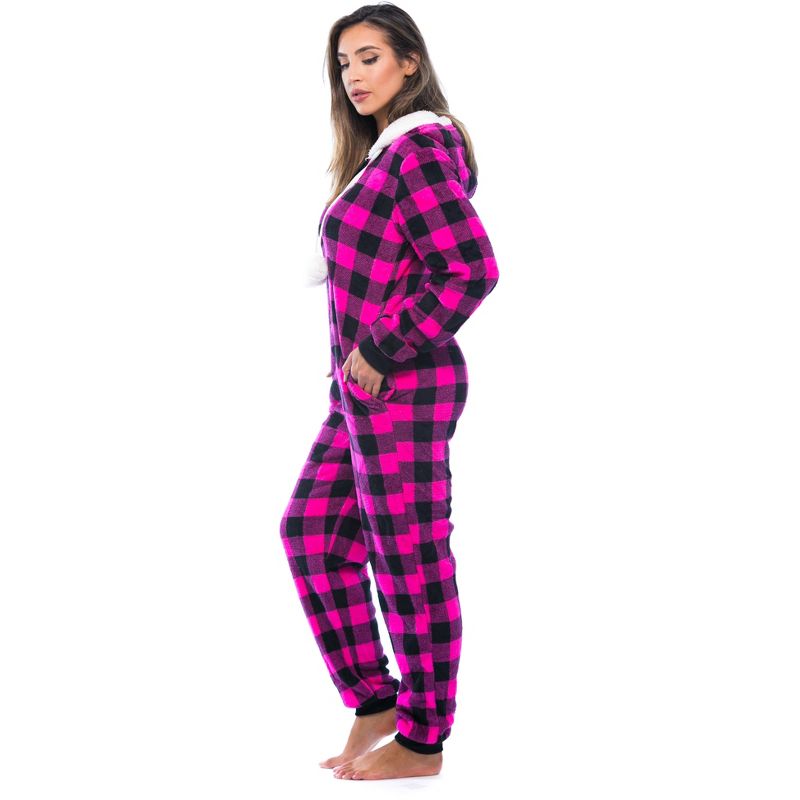 Just Love Womens One Piece Buffalo Plaid Adult Onesie Faux Sherling Lined Hoody Pajamas, 2 of 5