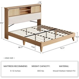 King Size Rattan Wood Bed Frame,Boho Platform Headboard Storage Cabinet with 2 Sliding Doors,Wood Foundation with Silent Slats,No Box Spring Needed - 1 of 4