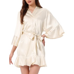 cheibear Women's Satin One Piece Pajama Silky 3/4 Sleeves Tie Waist Loungewear Robes - 1 of 4