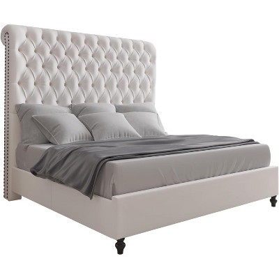 AMERLIFE 60" Tall Queen Size Bed Frame with Sleigh Headboard, Velvet Upholstered Platform Bed, No Box Spring Needed, Cream