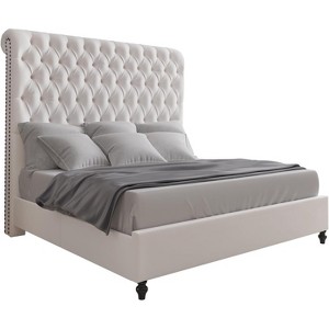 AMERLIFE 60" Tall Queen Size Bed Frame with Sleigh Headboard, Velvet Upholstered Platform Bed, No Box Spring Needed, Cream - 1 of 4