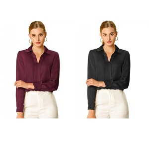 INSPIRE CHIC Women's Elegant V Neck Long Sleeve Office Work Satin Shirt 2 Packs - 1 of 4