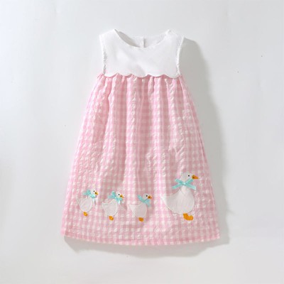 MyKids-Usa Summer Baby Girls Sleeveless Plaid Patchwork Geese Pattern Dress