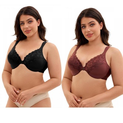 INSPIRE CHIC 2 Pcs Women's Front Closure Lace Trim Underwire Adjustable Straps Plunge Bras