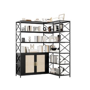 6 Tier Corner Bookshelf, Large Farmhouse Bookcase, Vintage Etagere L Shaped Book Shelf with Sturdy Metal Frame and 2 Rattan Doors Cabinet - 1 of 4