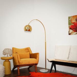 Long Arm Gold Brass Adjustable Floor Lamp with Round White Marble Base - 1 of 4