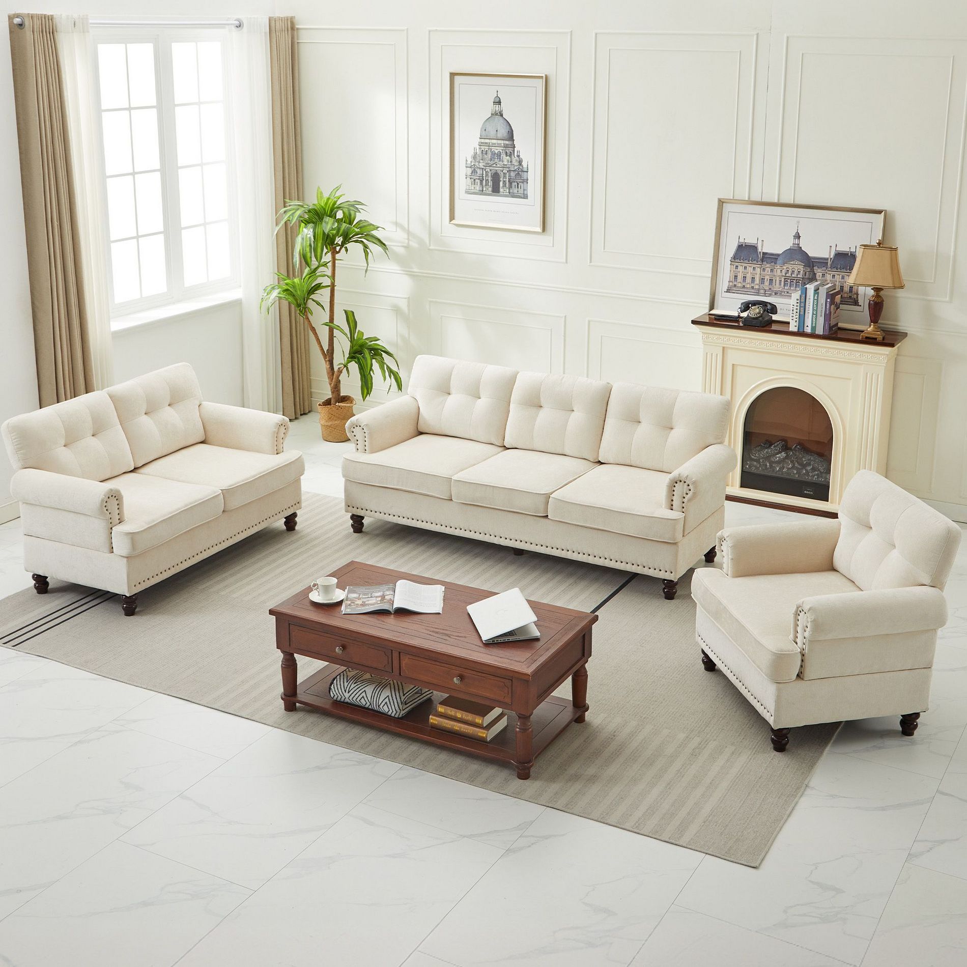 Hyleory Chenille Tufted Comfy Sofa Couch with Slope Armrests and Solid Wood leg
