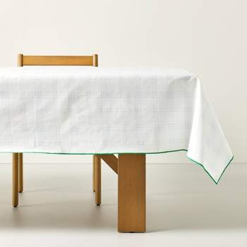 60"x84" Tri-Stripe Plaid Wipeable Rectangular Tablecloth Cream/Light Blue/Green - Hearth & Hand™ with Magnolia