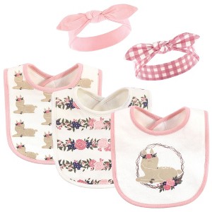 Hudson Baby Infant Girl Cotton Bib and Headband Set 5pk, Fawn, One Size - 1 of 4