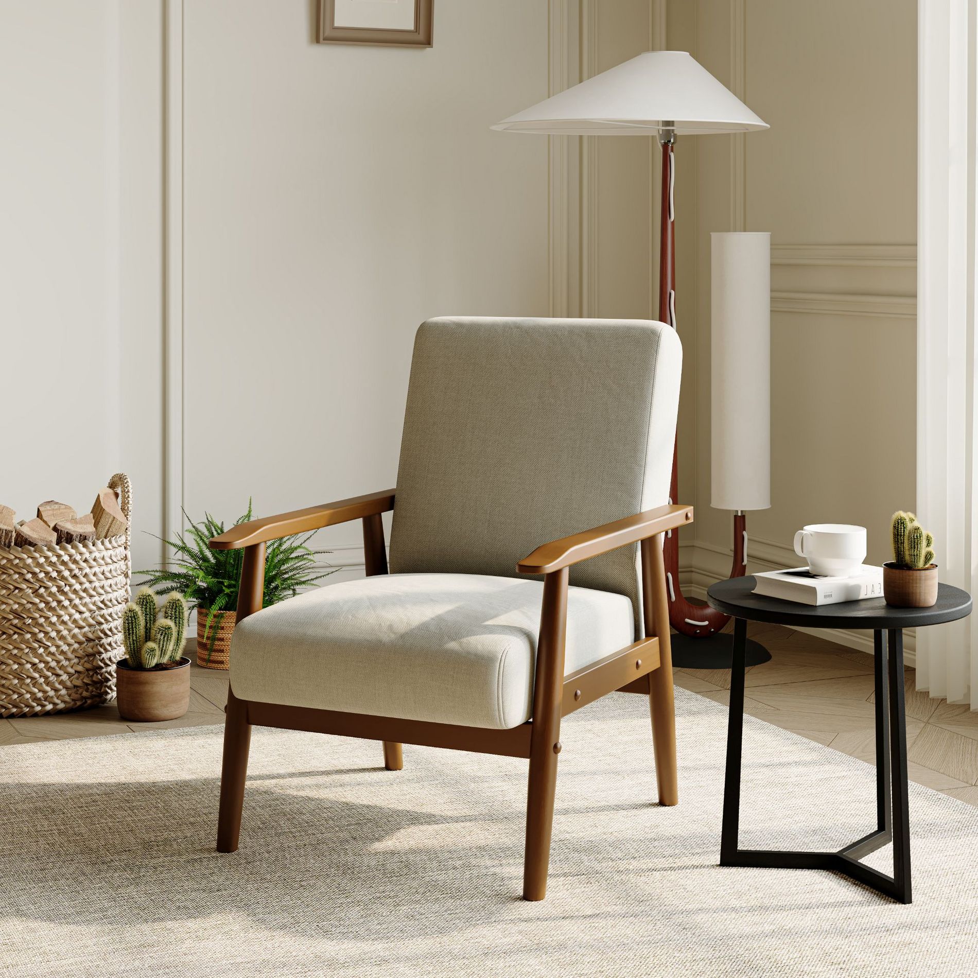 Tree City- Modern Linen Upholstered Accent Chair with Solid Wood Armrests, Off White