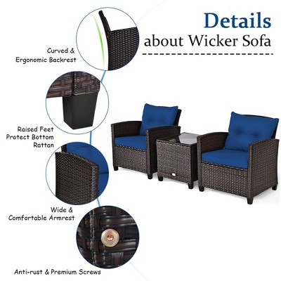 3-Piece Blue Cushioned Rattan Conversation Set with Brown Frame