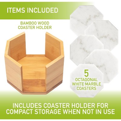 White Carrara Marble Coasters with Bamboo Holder - Set of 5