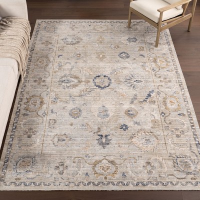 4' x 6' Cream and Blue Synthetic Floral Washable Area Rug