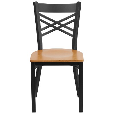 High Black Metal Cross Back Side Chair with Natural Wood Seat