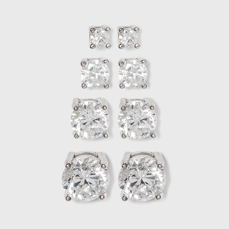 Sterling Silver Cubic Zirconia Quad Multi Size Stud Earring Set 4pc - A New Day&#8482; Clear, 1 of 5