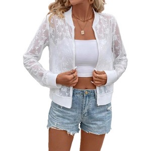 Women's Floral Lace Long Sleeve Bomber Jacket Sheer Zip-Up