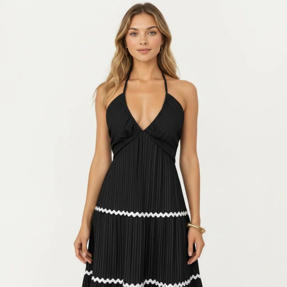 Anna-Kaci Women's Sleeveless Halter Neck Maxi Dress with Pleated Fabric Contrast Trim Detail and Tiered Flowy Design - thumbnail 4