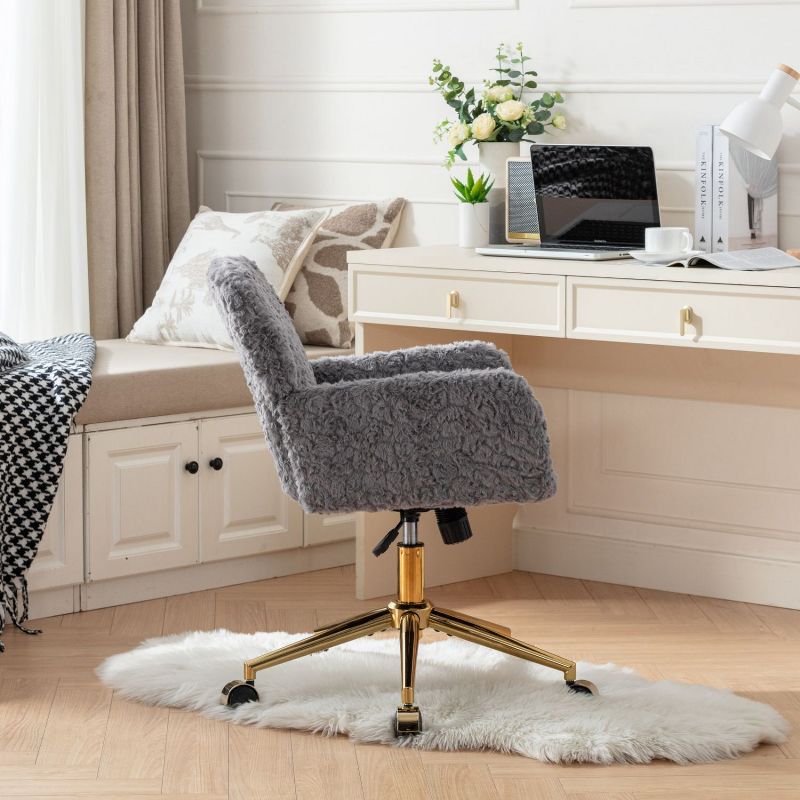 Furniture Office Chair, Artificial rabbit hair Home Office Chair with Golden Metal Base, Adjustable Desk Chair Swivel Vanity Chair-The Pop Home, 4 of 10