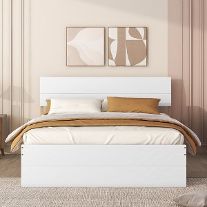 Modern Full Size Bed Frame With Twin Size Trundle And 2 Drawers, No Box Spring Needed, Platform Bed Frame For Bedroom, White+Oak - 1 of 4