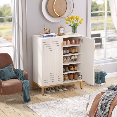 White and Gold 5-Tier Modern Shoe Cabinet with Geometric Doors