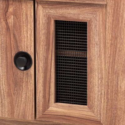 Dark Brown Faux Leather Oak Storage Bench with Cabinet