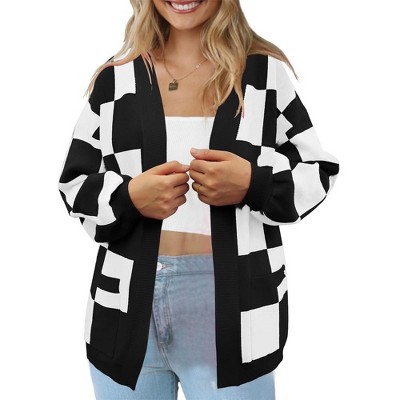 Womens Open Front Cardigan Christamas Cardigan White Valentine's Day Outfits Ribbed Cuff Sweater Cardigan with Pockets,Plaid(Black) - M