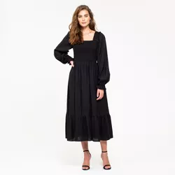 August Sky Women's Ruched Long Sleeve Midi Dress RD2052_Black_Small