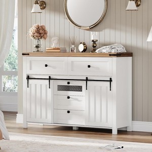 Farmhouse Buffet Cabinet, with 5 Drawers and Sliding Barn Doors, Wood Coffee Bar Table with Adjustable Shelf for Living Room, Dining Room - 1 of 4