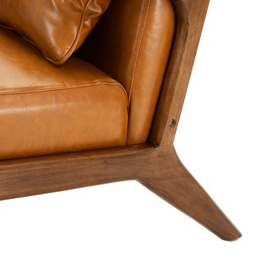 Mid-Century Modern Yellowish Brown Faux Leather Accent Chair with Walnut Wood Frame