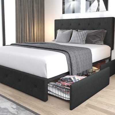 Allewie King Size Upholstered Platform Bed Frame with 4 Storage Drawers, Diamond Stitched Headboard, Wooden Slats, No Box Spring Needed, White