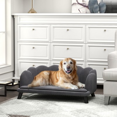 Charcoal Gray Velvet Pet Sofa with Solid Wood Legs