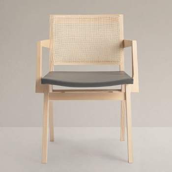 KLAREL Elye Armchair | Cane Backed Dining Chair With Leather Seat, Natural Ash And Graphite Leather