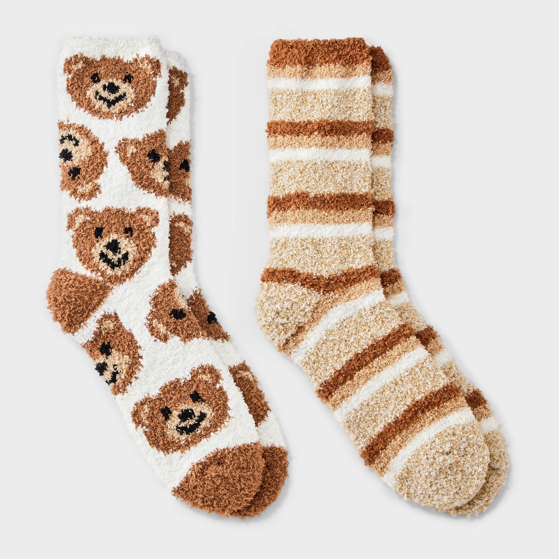 Women's Teddy Bear 2pk Cozy Crew Socks - Brown/Ivory/Tan 4-10