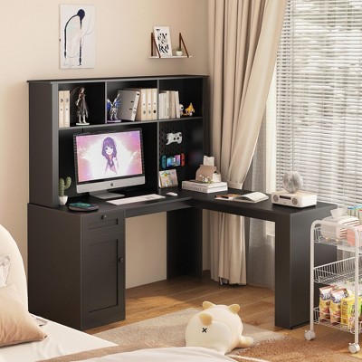 NicBex Home Office Desk L-Shape Morden 2-in-1 Corner Desk with Grid Panel, Drawer, Storage Cabinets and Wooden Frame for Office, Study