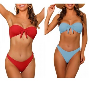 INSPIRE CHIC Women's Bandeau Ribbed Bowknot Strapless with Bottoms Swimwear Bikini 2 Set - 1 of 4