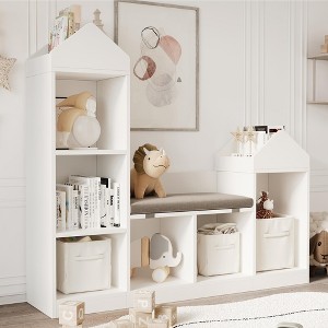 Kids Bookshelf with Reading Nook Children Bookcase 6 Cubby Toy Storage Organizer Seat Cushion Wooden Storage Bench - 1 of 4