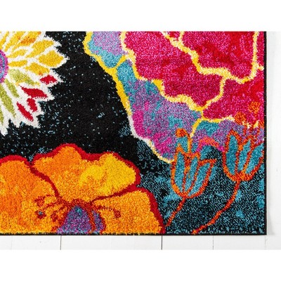 Lyon Kennedy Floral Black and Yellow 2' x 6' Synthetic Runner Rug