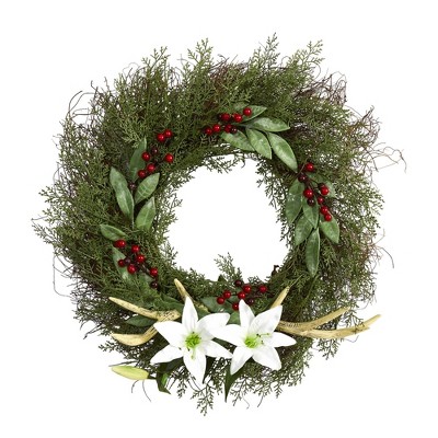 Nearly Natural 20” Cedar, Antlers, Lily and Ruscus with Berries Artificial Wreath