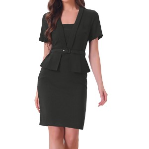Allegra K Women's Vintage Belt V-Neck Faux Two-Piece Slim Casual Short Sleeve Office Dress - 1 of 4