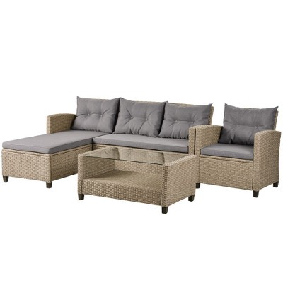 YOOCOZZ 4-Piece Outdoor Patio Furniture Set - Wicker Rattan Sectional Sofa with Armchair and Coffee Table - Beige Brown