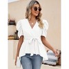 Puff Short Sleeve Ruffle Shirt for Women Deep V Neck Peplum Tops Waist Tie Chiffon Blouses Dressy Casual Waist Wrap Tops - 3 of 4