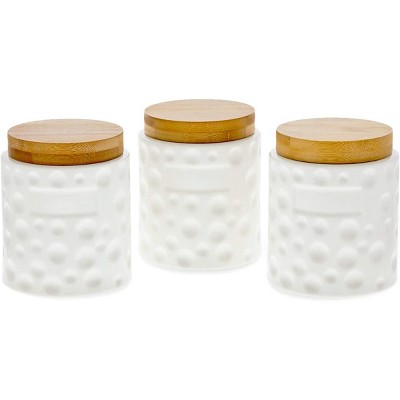 Juvale 3 Pack White Ceramic Canisters with Bamboo Lids for Kitchen Counter, 4" x 4.5"