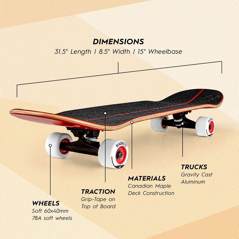 Magneto SUV Skateboards | Fully Assembled 31" x 8.5" Standard Size | 7 Layer Canadian Maple Deck with Free Skate Tool (SUV Red), 2 of 9