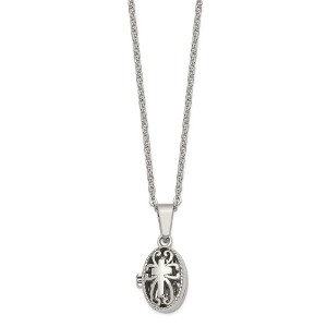 Chisel Stainless Steel Polished and Antiqued Oval Magnetic Prayer Box on an 18" Cable Chain Necklace - 1 of 4