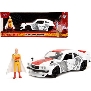 1974 Mazda RX-3 White w/Red Stripe and Graphics & Saitama Figure "One Punch Man" (2015-2019) TV 1/24 Diecast Model Car by Jada - 1 of 4