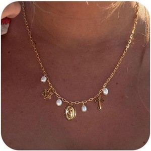Dainty Gold Paperclip Charm Necklace With Shell, Moon, Star & Hexagram Pendant - Summer Beach Jewelry Gift For Women - 1 of 4
