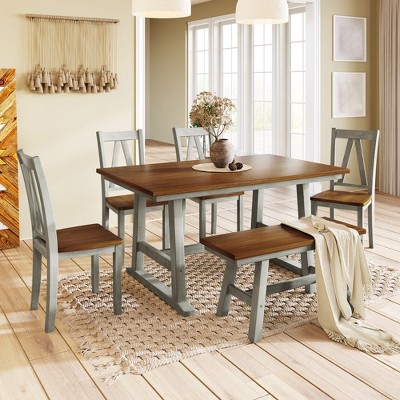 6 Piece Dining Table Set for 6, 59 Inch Kitchen Table Set With 1 Long Bench And 4 Dining Chairs, Kitchen Breakfast Table Set for Dining Room Bar