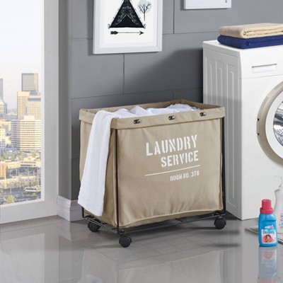 Beige Canvas Collapsible Laundry Hamper with Wheels and Iron Frame