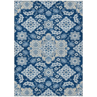 Navy Blue Gray And Ivory Medallion Washable Indoor Outdoor Area Rug